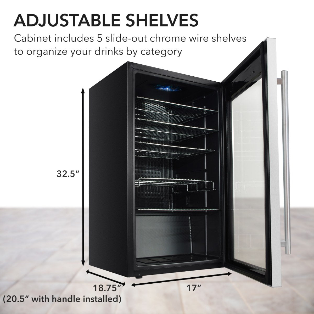 Whynter BR-130SB 127-Can Freestanding Beverage Refrigerator - Adjustable Shelves Dimensions Shown