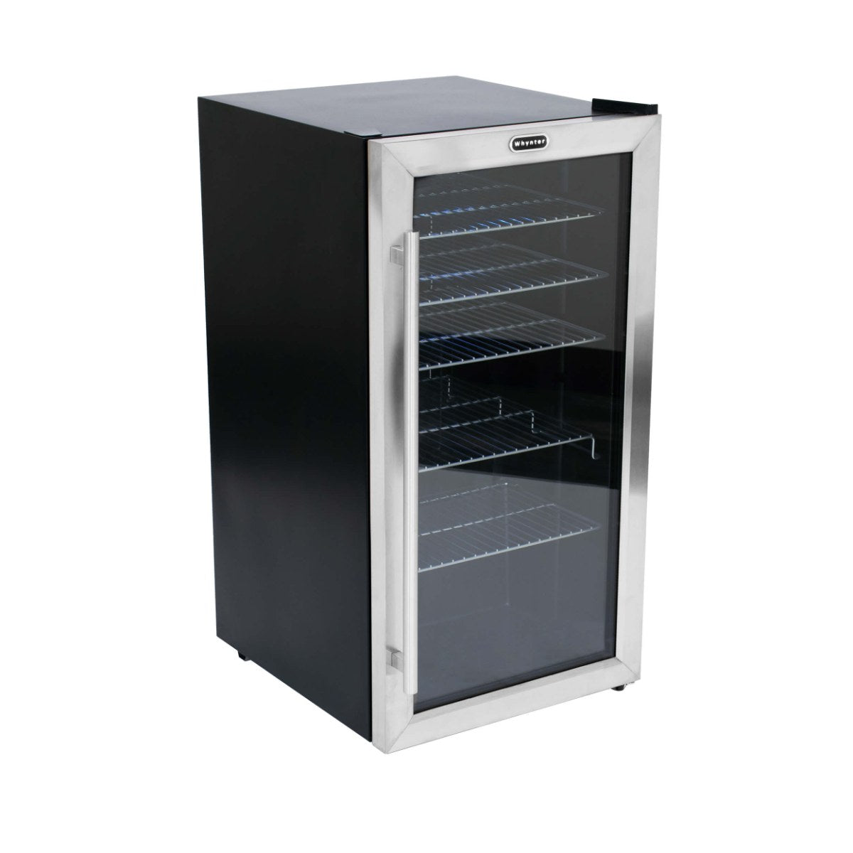 Whynter BR-130SB 127-Can Freestanding Beverage Refrigerator - Front Right View Empty Inside Closed Door Studio Image
