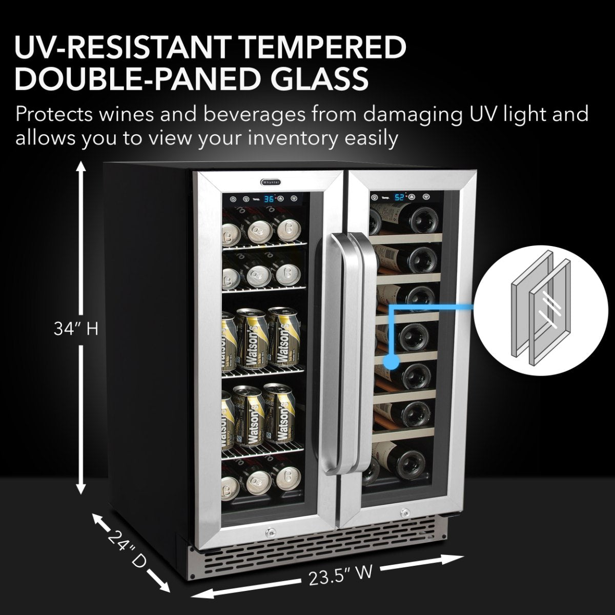 Whynter BWB-2060FDS 24″ Dual Zone French Door Wine & Beverage Center - UV resistant tempered double paned glass