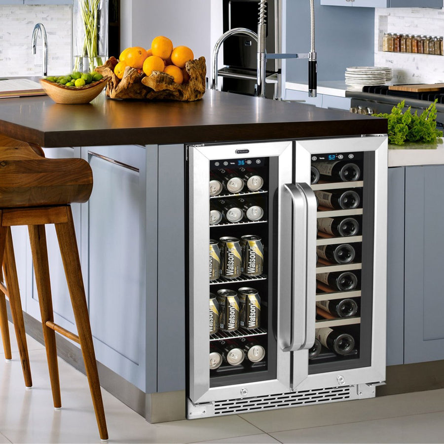 Whynter BWB-2060FDS 24″ Dual Zone French Door Wine & Beverage Center - built-in dual-zone beverage and wine cooler with glass doors in a modern kitchen island