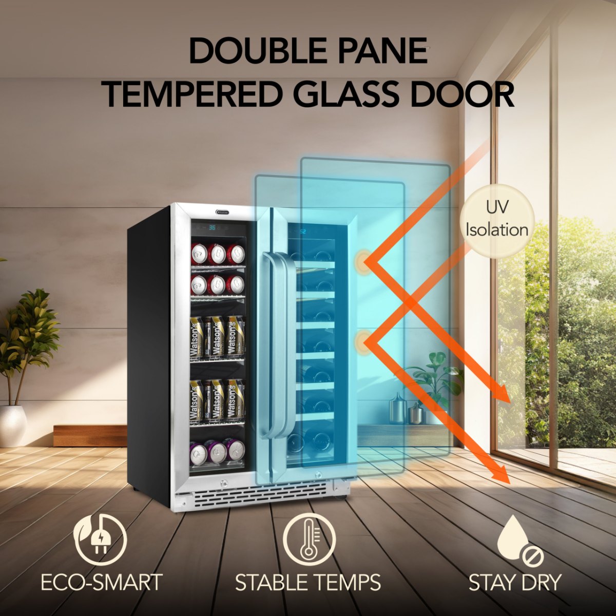 Whynter BWB-2060FDS 24″ Dual Zone French Door Wine & Beverage Center - double pane tempered glass door