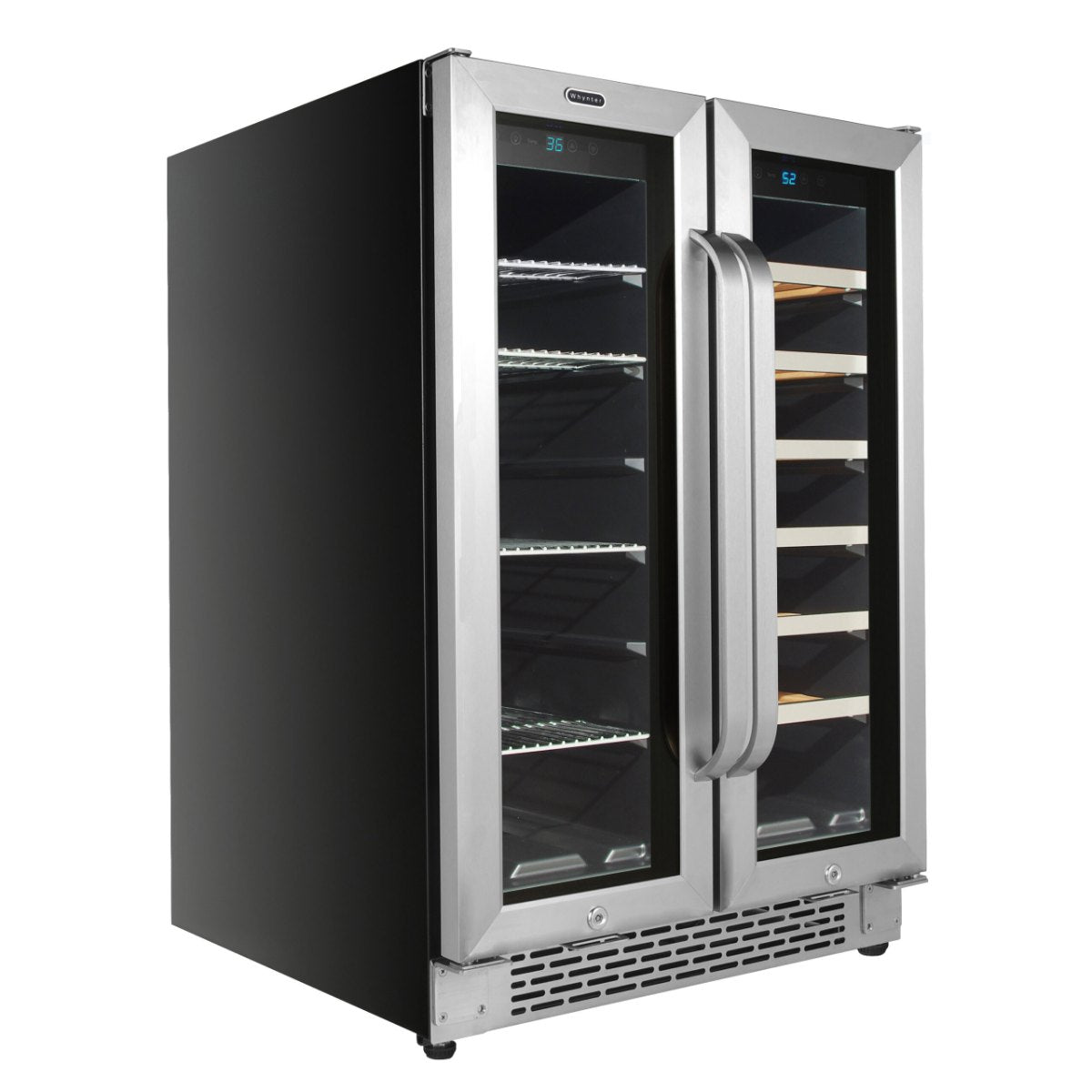 Whynter BWB-2060FDS 24″ Dual Zone French Door Wine & Beverage Center - front left view empty inside closed door