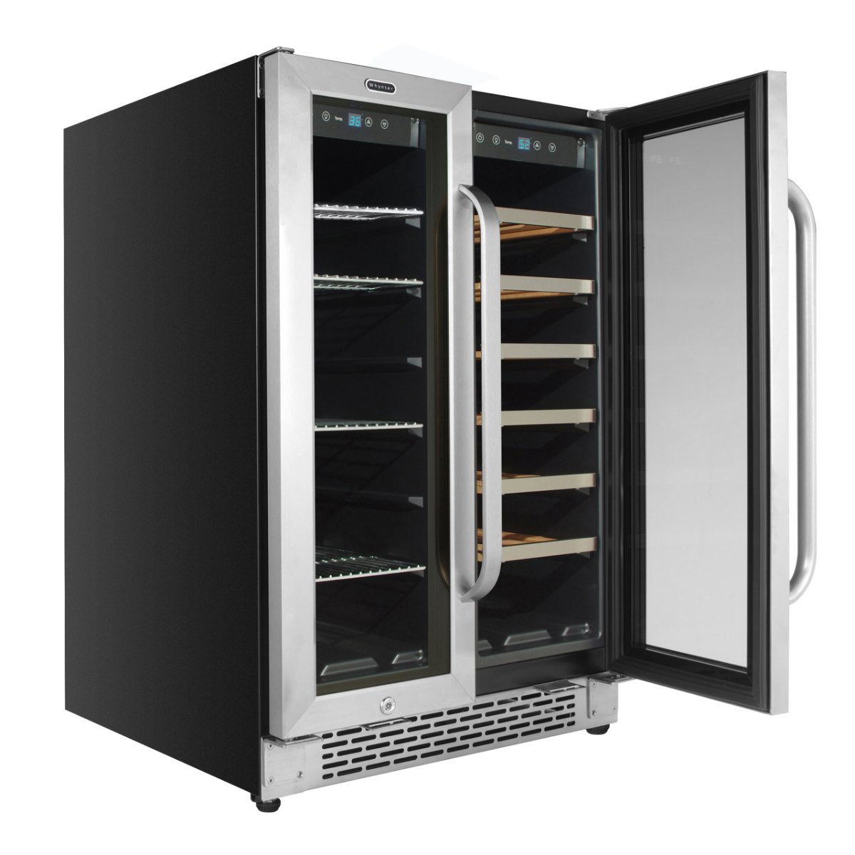 Whynter BWB-2060FDS 24″ Dual Zone French Door Wine & Beverage Center - front left view empty inside open door