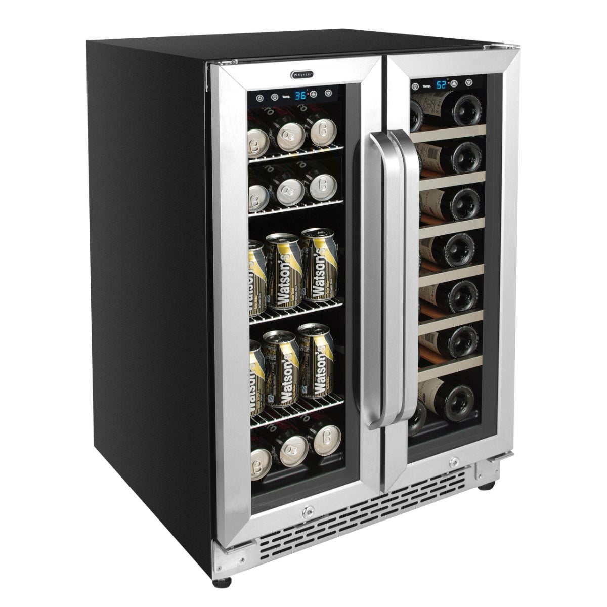 Whynter BWB-2060FDS 24″ Dual Zone French Door Wine & Beverage Center - front left view loaded inside closed door