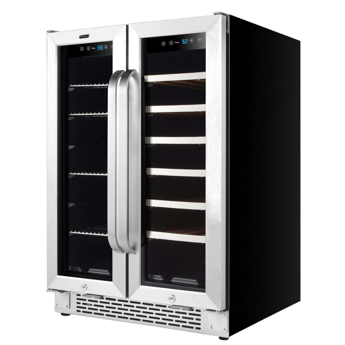 Whynter BWB-2060FDS 24″ Dual Zone French Door Wine & Beverage Center - front right view empty inside closed door