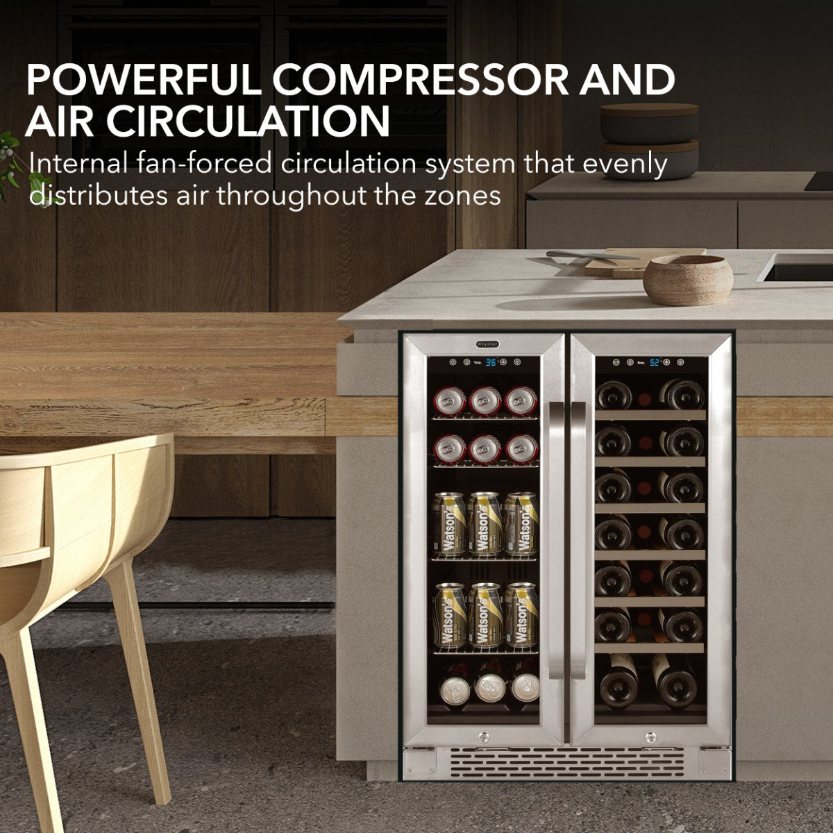 Whynter BWB-2060FDS 24″ Dual Zone French Door Wine & Beverage Center - powerful compressor and air circulation