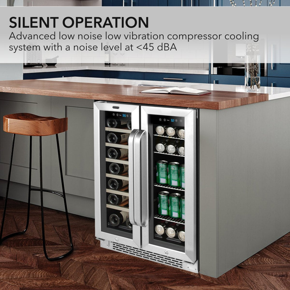 Whynter BWB-2060FDS 24″ Dual Zone French Door Wine & Beverage Center - silen operation low noise and low vibration