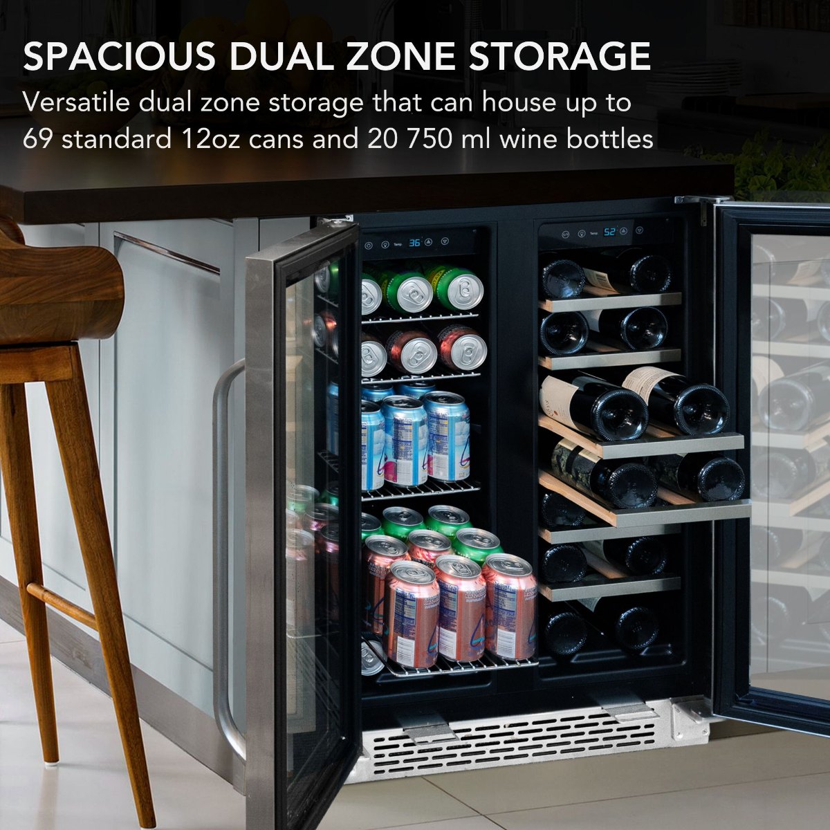 Whynter BWB-2060FDS 24″ Dual Zone French Door Wine & Beverage Center - spacious dual zone storage shown