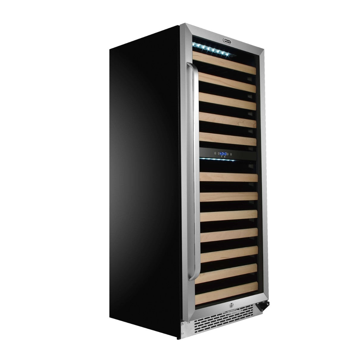 Whynter BWR-0922DZ 92-Bottle Dual-Zone Built-In Wine Refrigerator - Front right view empty shelves closed door