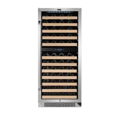 Whynter BWR-0922DZ 92-Bottle Dual-Zone Built-In Wine Refrigerator - Front view loaded shelves closed door