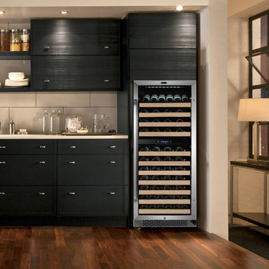 Whynter BWR-0922DZ 92-Bottle Dual-Zone Built-In Wine Refrigerator - Tall built-in wine cooler with wooden shelves integrated into a modern dark kitchen