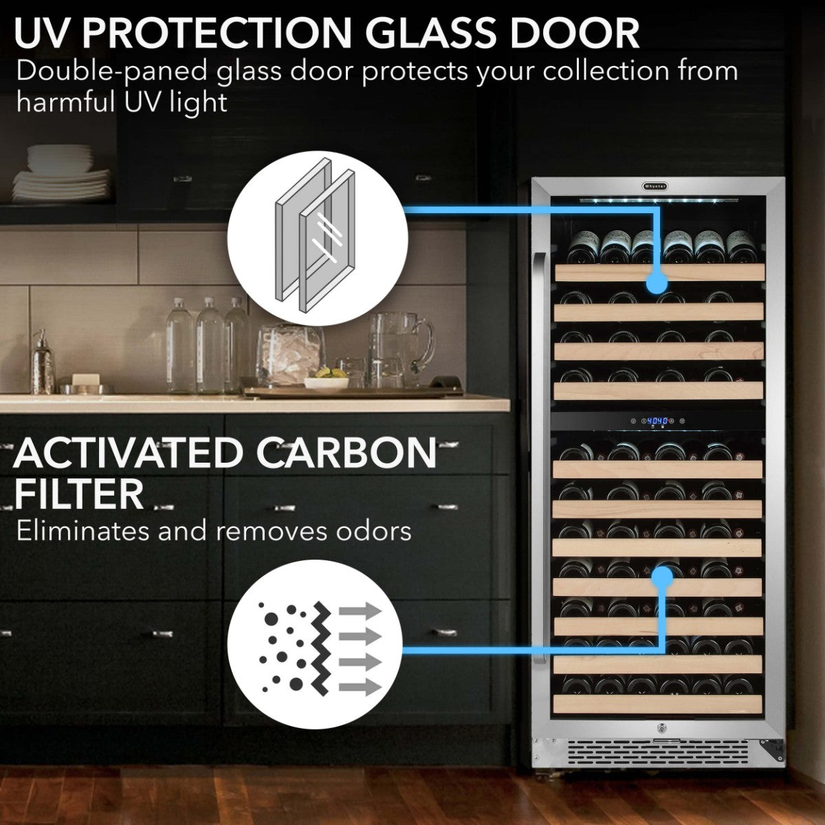 Whynter BWR-0922DZ 92-Bottle Dual-Zone Built-In Wine Refrigerator - UV Protection Glass Door and Activated Carbon Filter