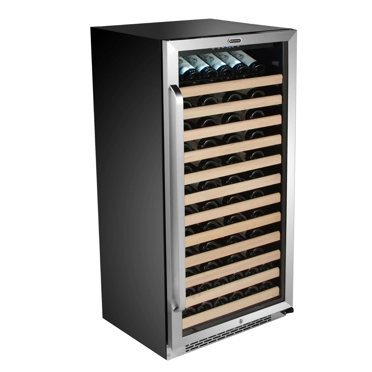 Whynter BWR-1002SD 100-Bottle Single-Zone Built-In Wine Refrigerator - Front right view loaded shelves closed door