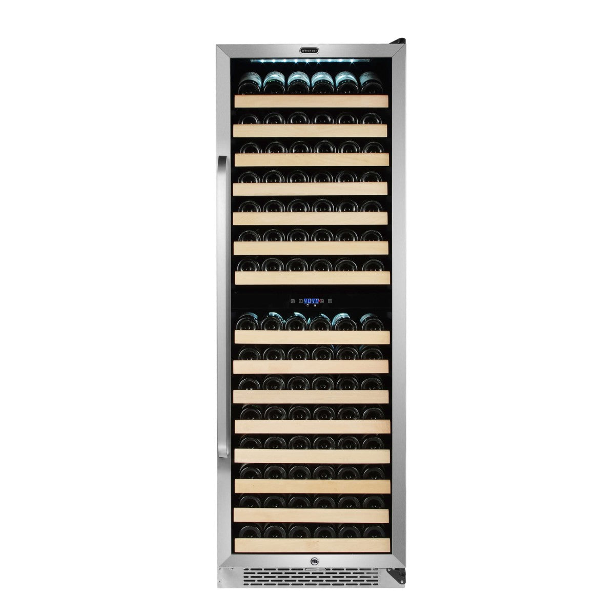 Whynter BWR-1642DZ 164-Bottle Dual-Zone Built-In Wine Refrigerator - Front view loaded shelves closed door