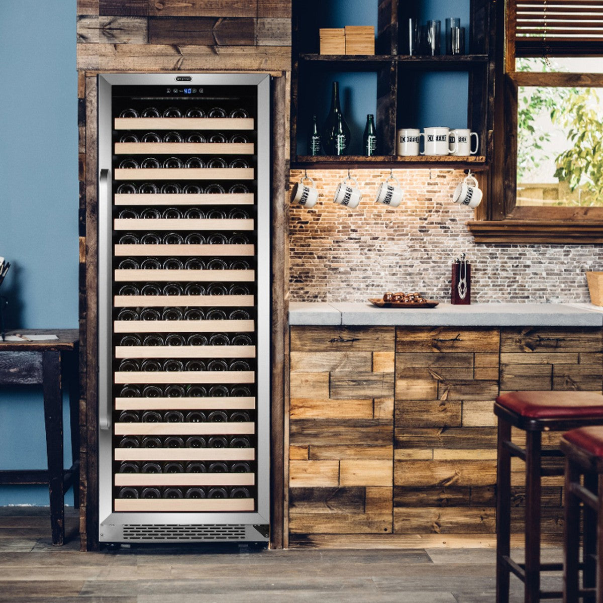 Whynter BWR-1662SD 166-Bottle Single-Zone Built-In Wine Refrigerator - Built-in wine cooler with wooden shelves in a rustic-style kitchen setup