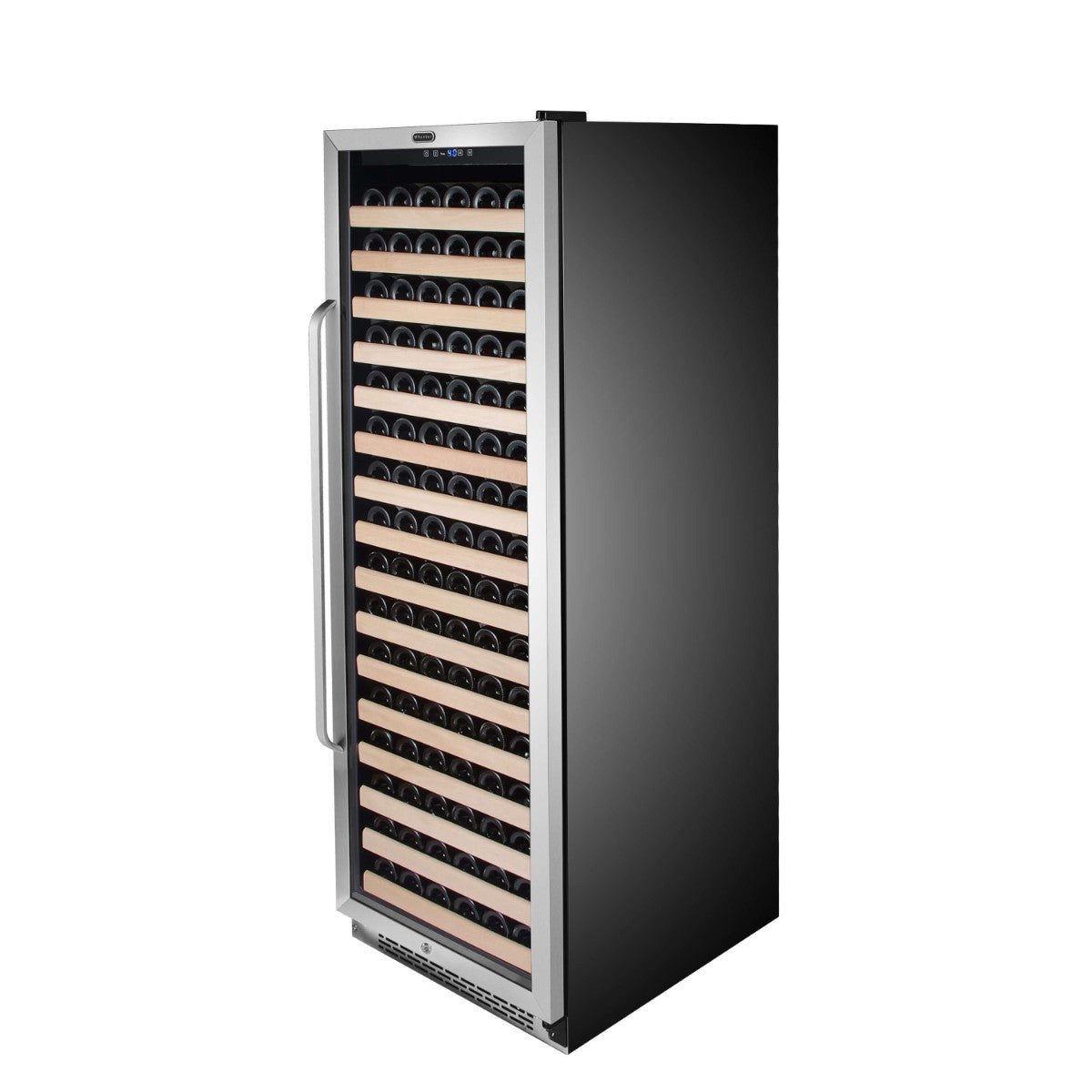 Whynter BWR-1662SD 166-Bottle Single-Zone Built-In Wine Refrigerator - Front left view loaded shelves closed door