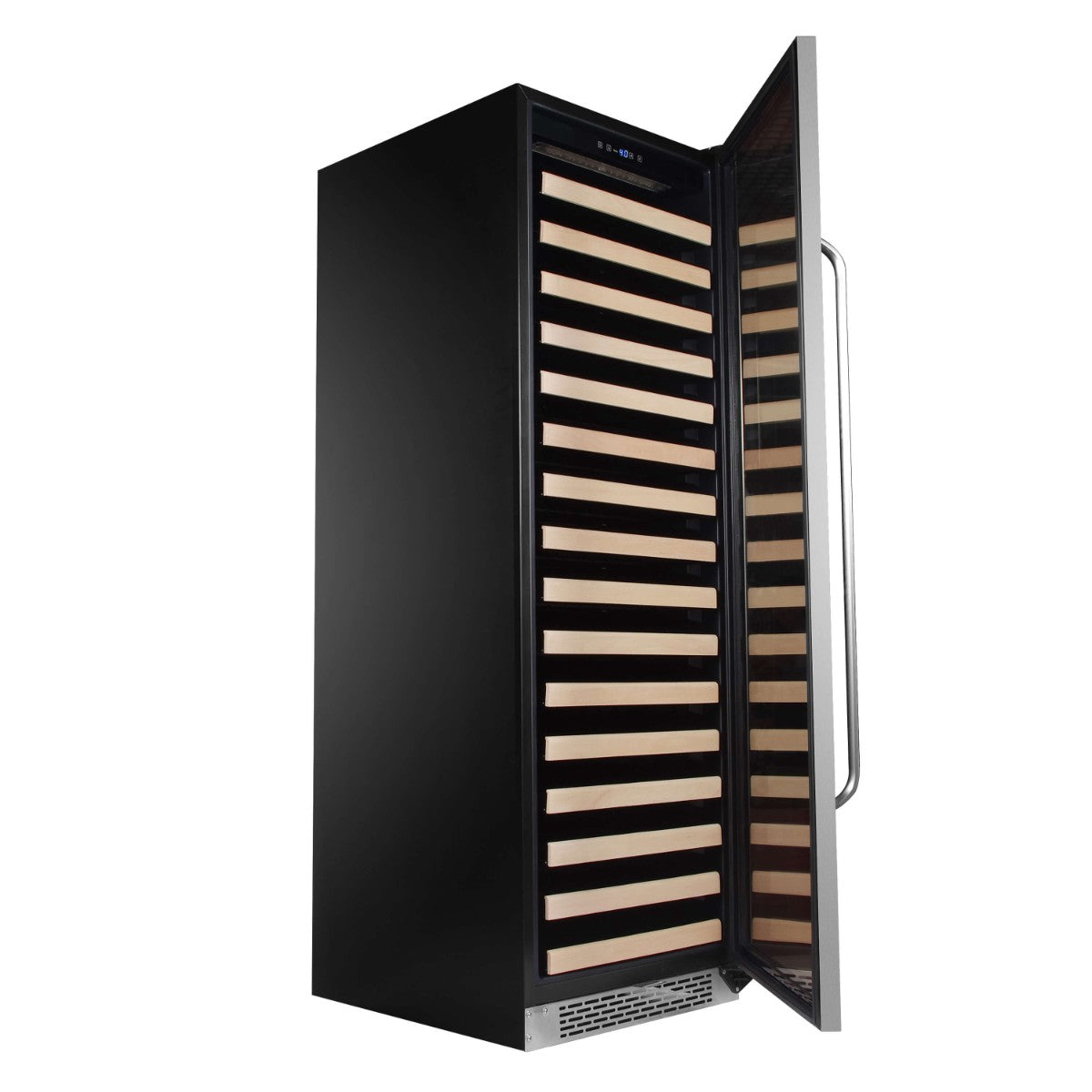 Whynter BWR-1662SD 166-Bottle Single-Zone Built-In Wine Refrigerator - Front right view empty shelves open door