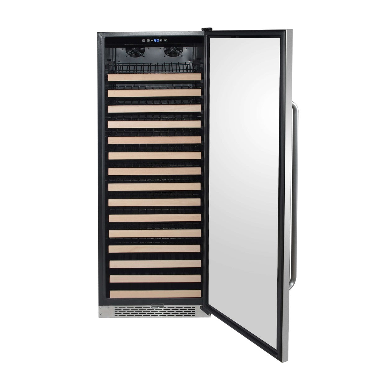 Whynter BWR-1662SD 166-Bottle Single-Zone Built-In Wine Refrigerator - Front view empty shelves open door