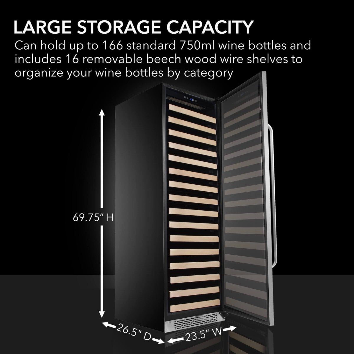 Whynter BWR-1662SD 166-Bottle Single-Zone Built-In Wine Refrigerator - Large Storage Capacity and Dimensions  Shown