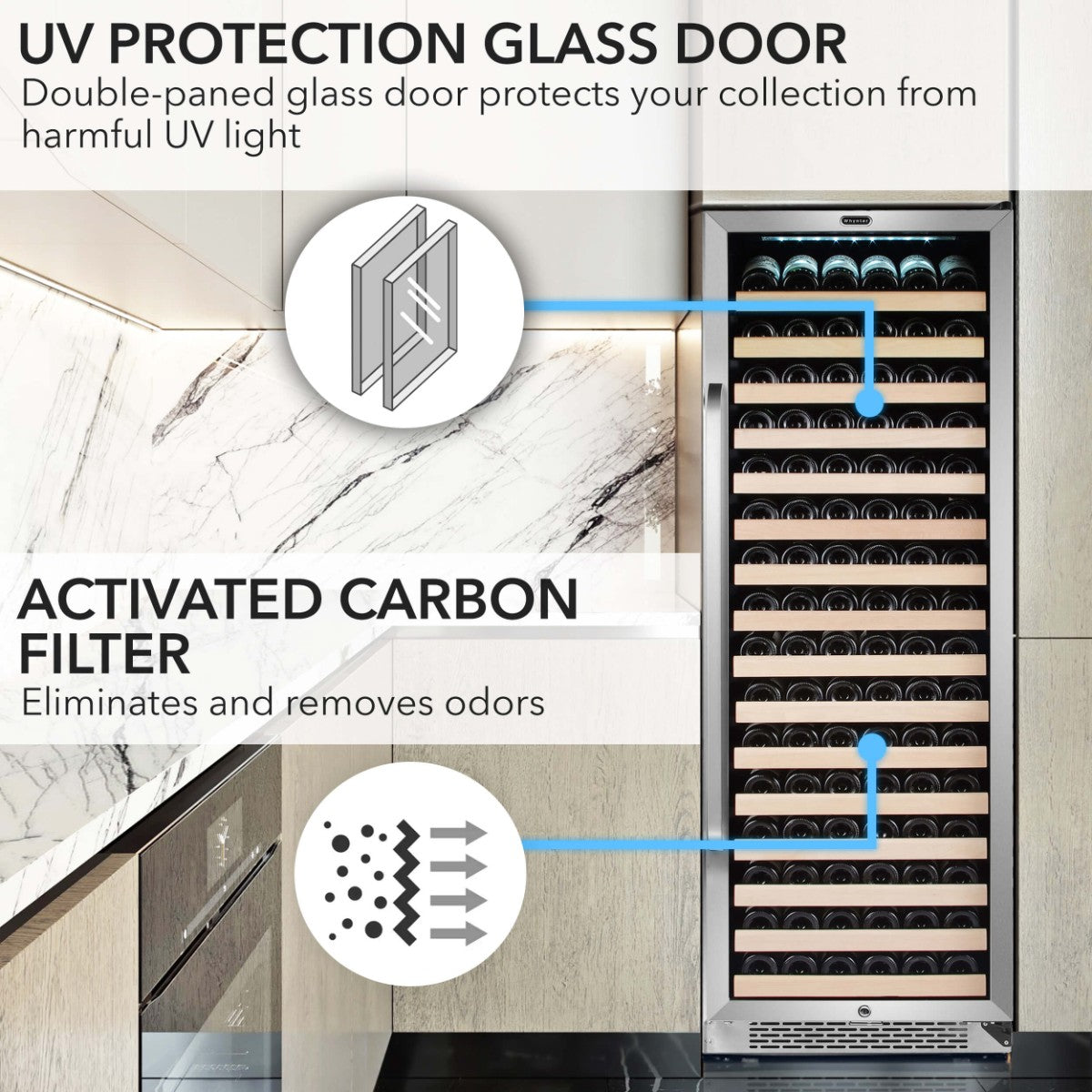 Whynter BWR-1662SD 166-Bottle Single-Zone Built-In Wine Refrigerator - UV Protection Glass Door