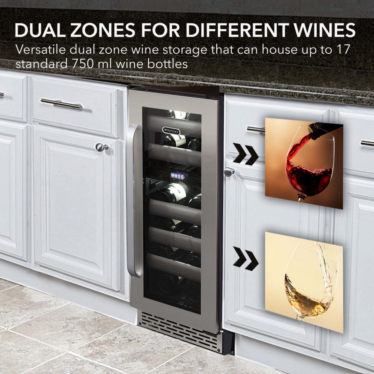 Whynter BWR-171DS 17-Bottle Dual-Zone Built-In Wine Refrigerator - Dual Zones for Different Wines