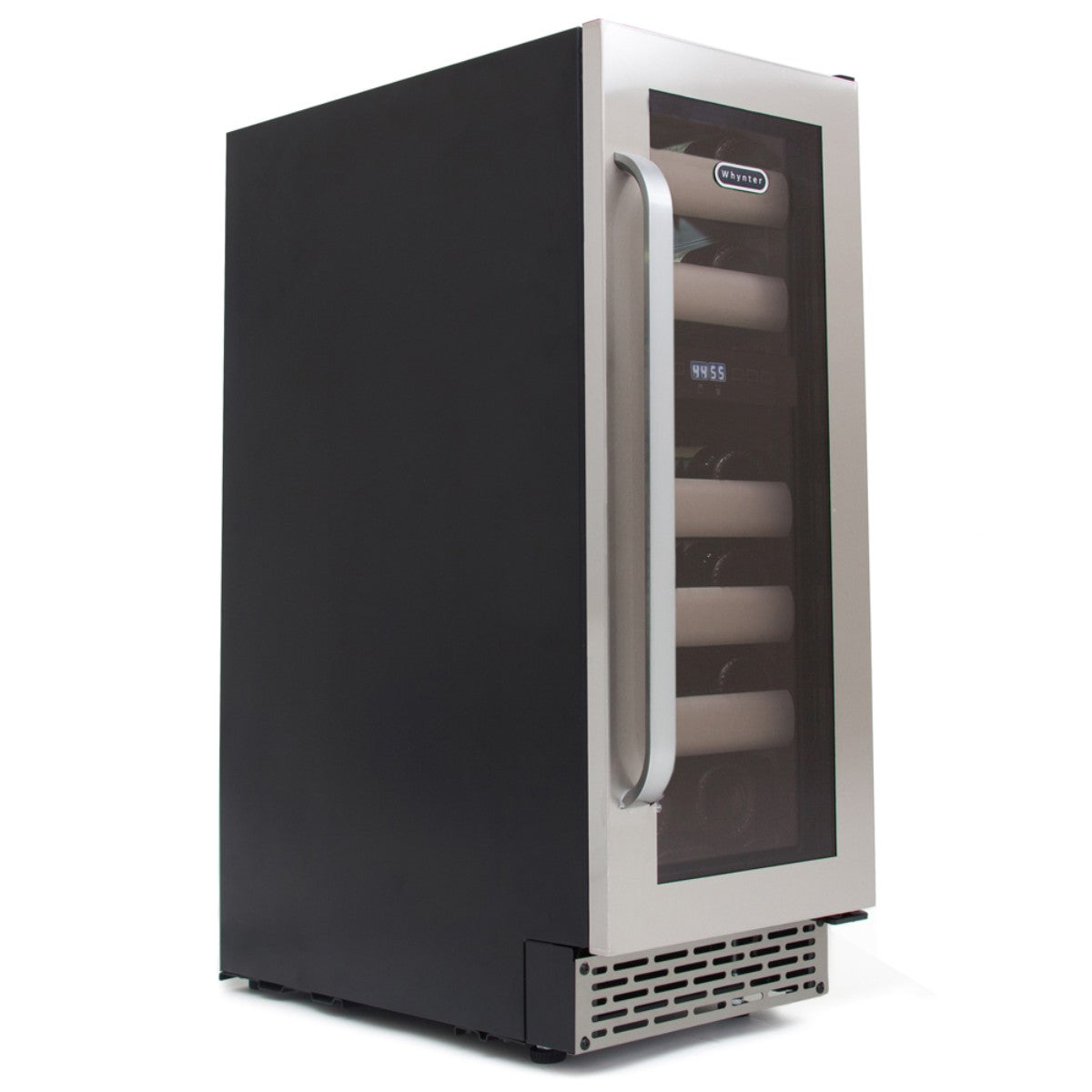 Whynter BWR-171DS 17-Bottle Dual-Zone Built-In Wine Refrigerator - Front left view with wines inside closed door