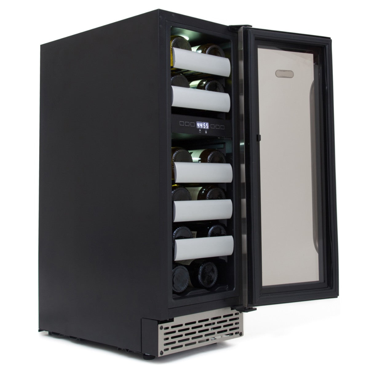 Whynter BWR-171DS 17-Bottle Dual-Zone Built-In Wine Refrigerator - Front left view with wines inside open door