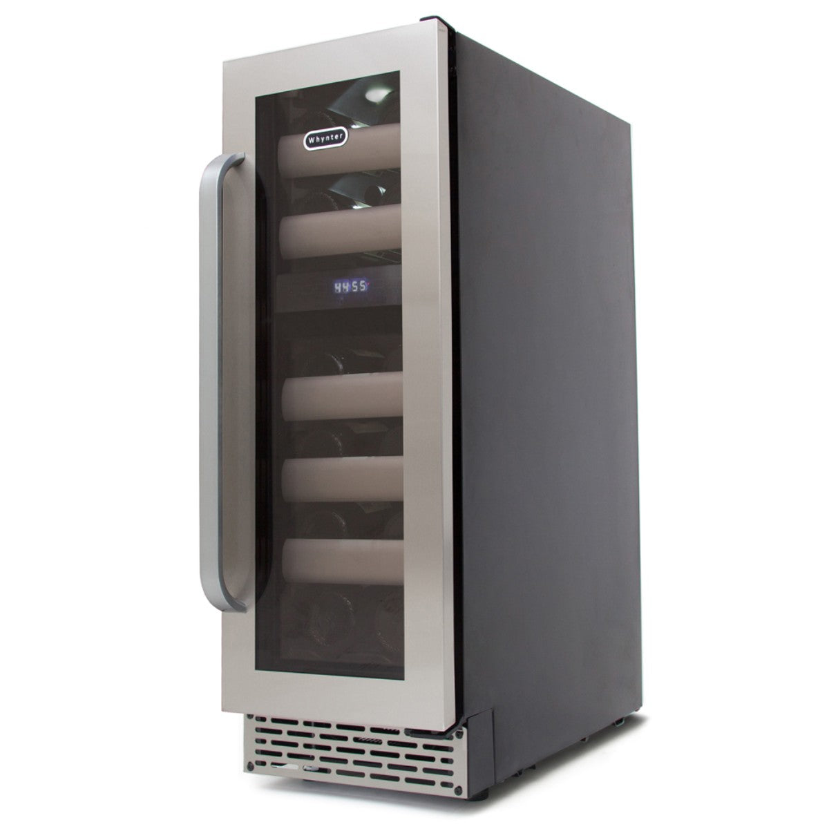 Whynter BWR-171DS 17-Bottle Dual-Zone Built-In Wine Refrigerator - Front right view with wines inside closed door
