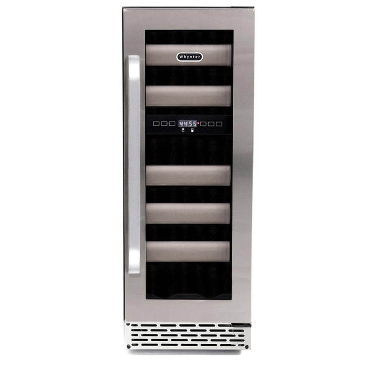 Whynter BWR-171DS 17-Bottle Dual-Zone Built-In Wine Refrigerator - Front view with wines inside closed door