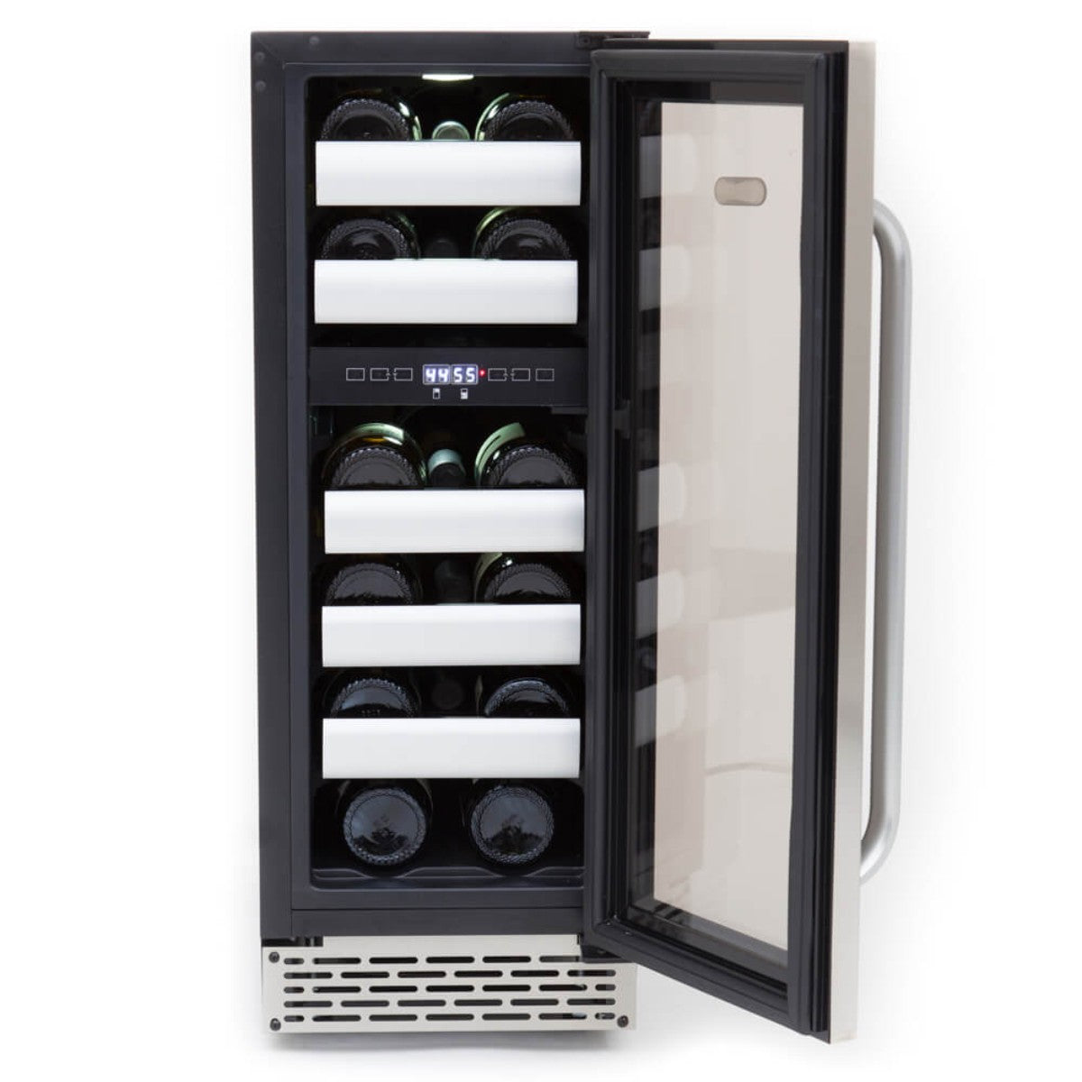 Whynter BWR-171DS 17-Bottle Dual-Zone Built-In Wine Refrigerator - Front  view with wines inside open door