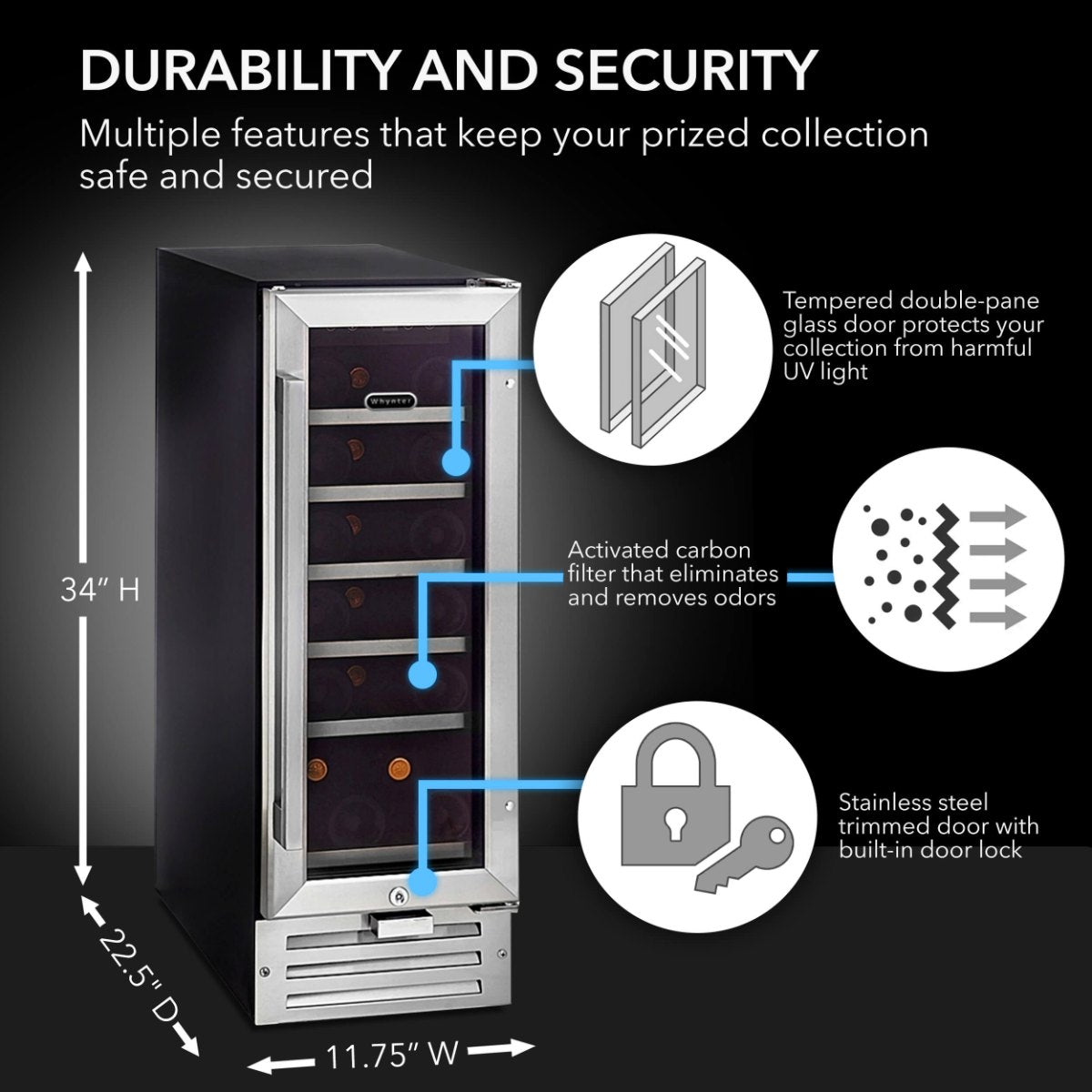 Whynter BWR-18SD 18-Bottle Built-In Wine Refrigerator - durability and security dimensions shown