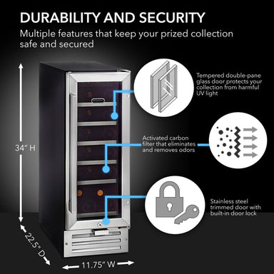 Whynter BWR-18SD 18-Bottle Built-In Wine Refrigerator - durability and security dimensions shown