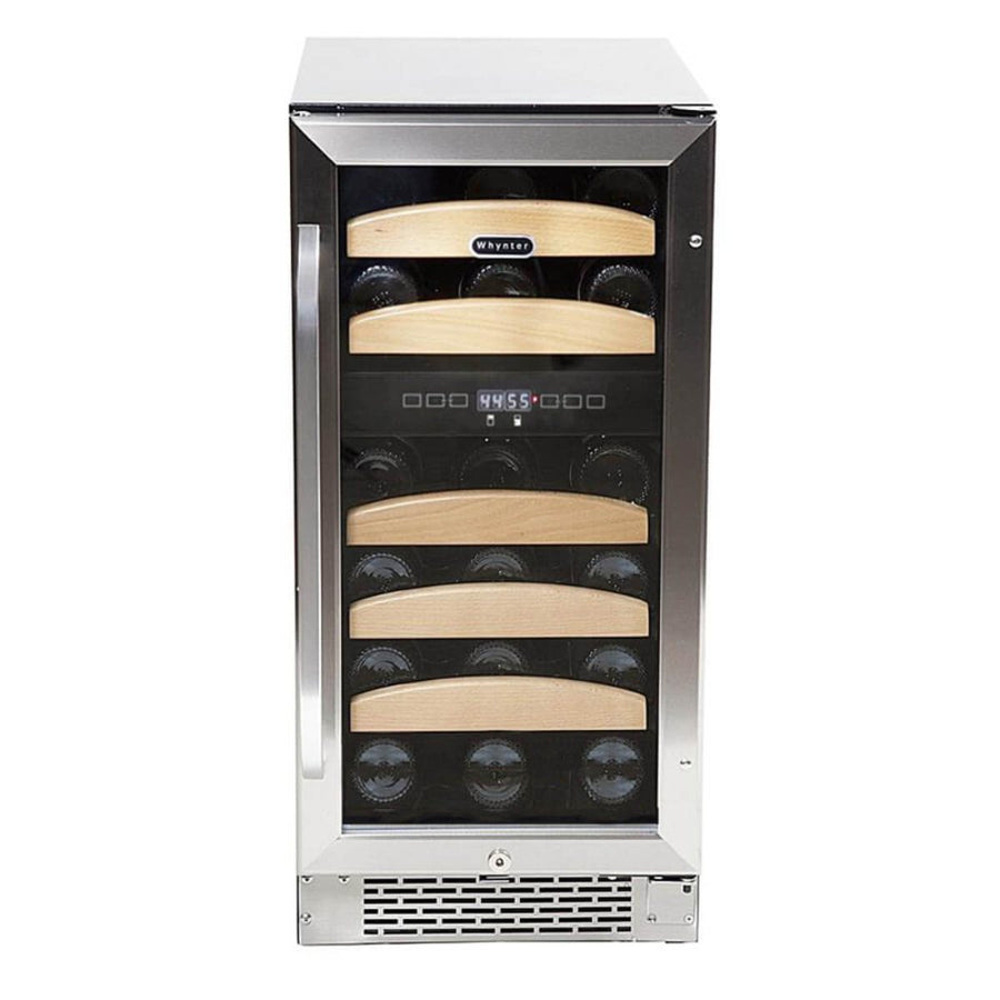 Whynter BWR-281DZ 28-Bottle Dual Zone Built-In Wine Refrigerator - front view loaded inside closed fridge