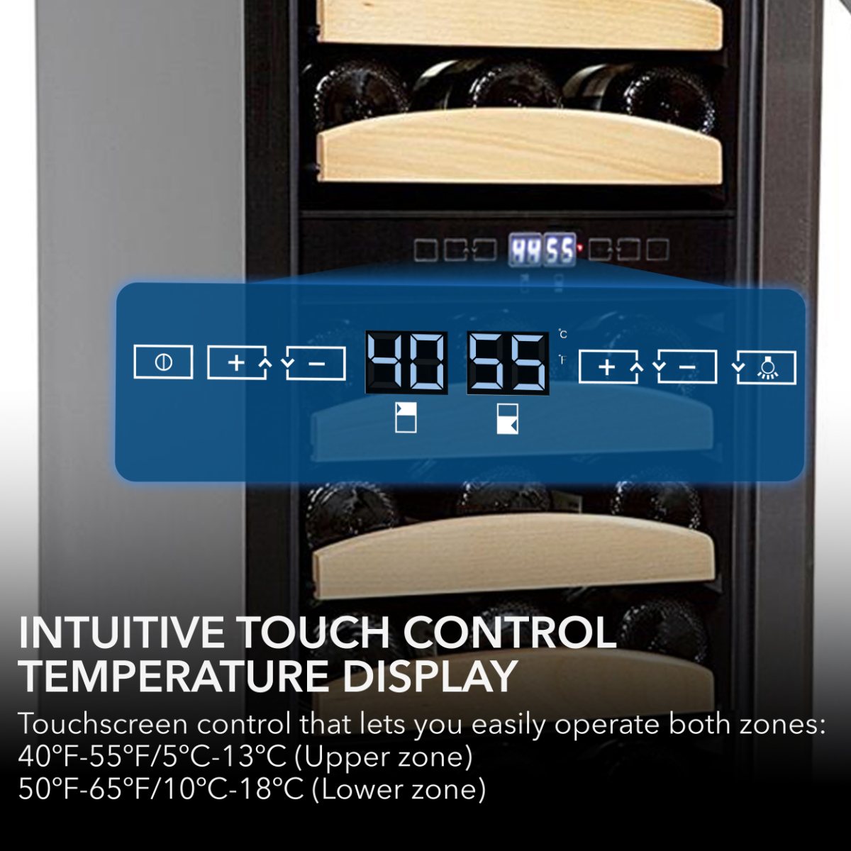 Whynter BWR-281DZ 28-Bottle Dual Zone Built-In Wine Refrigerator - intuitive touch control temperature display