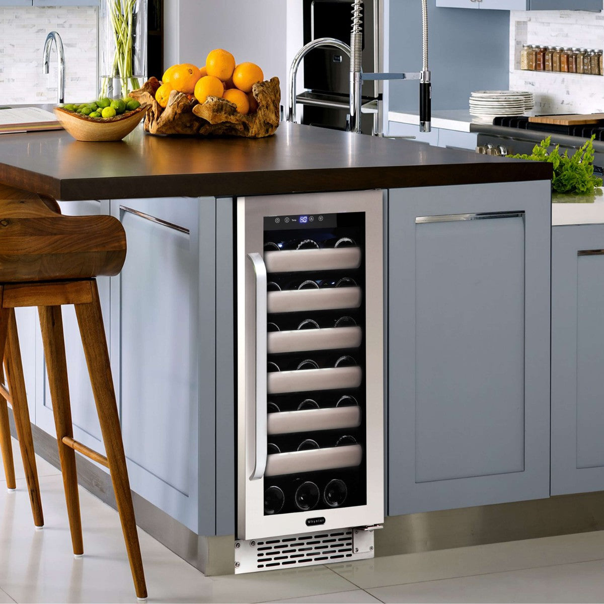 Whynter BWR-331SL 33-Bottle Single-Zone Built-In Wine Refrigerator - Built-in wine cooler with stainless steel finish installed in a modern kitchen island