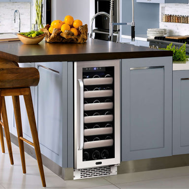 Whynter BWR-331SL 33-Bottle Single-Zone Built-In Wine Refrigerator - Built-in wine cooler with stainless steel finish installed in a modern kitchen island