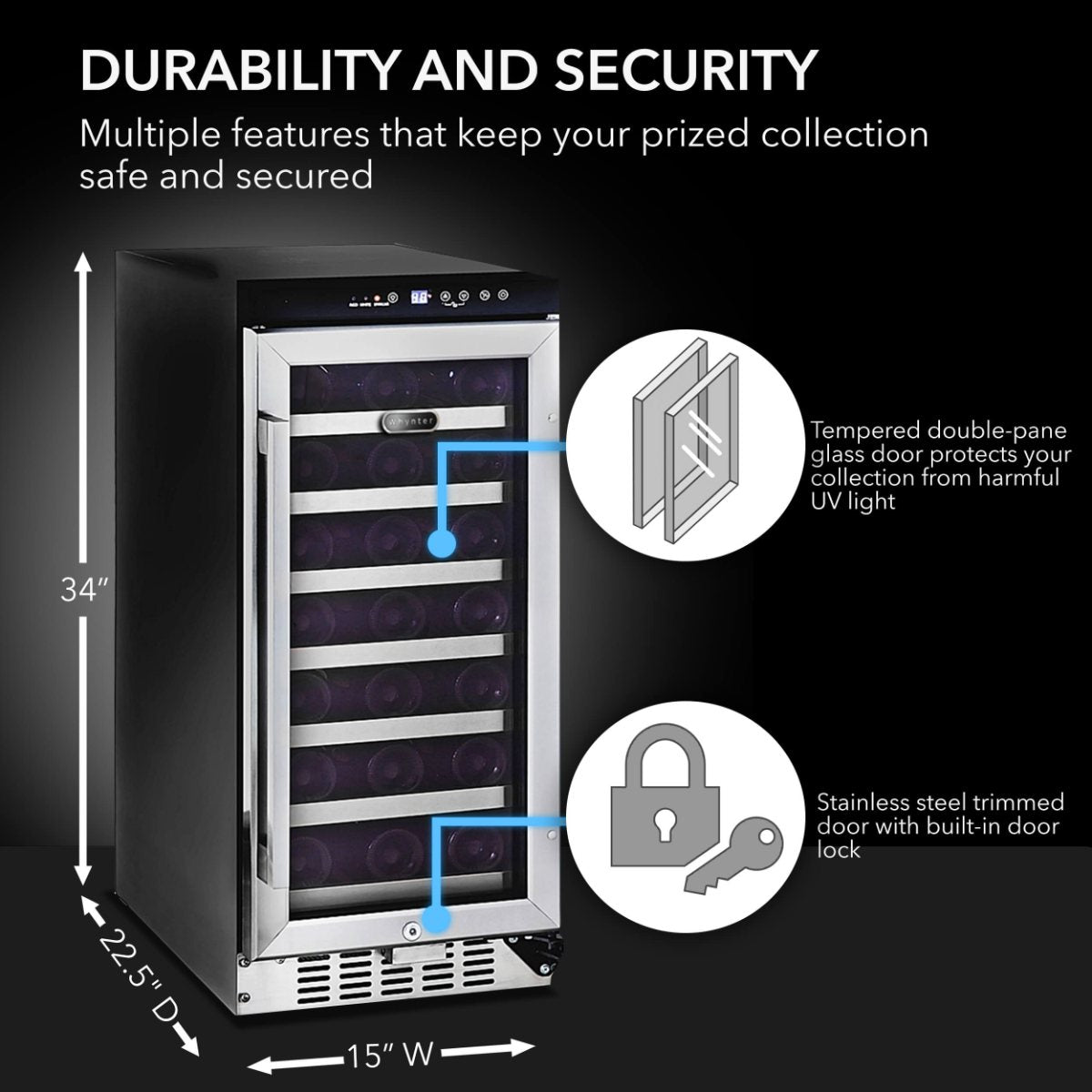 Whynter BWR-33SD 33-Bottle Built-In Wine Refrigerator - durability and security and dimensions shown