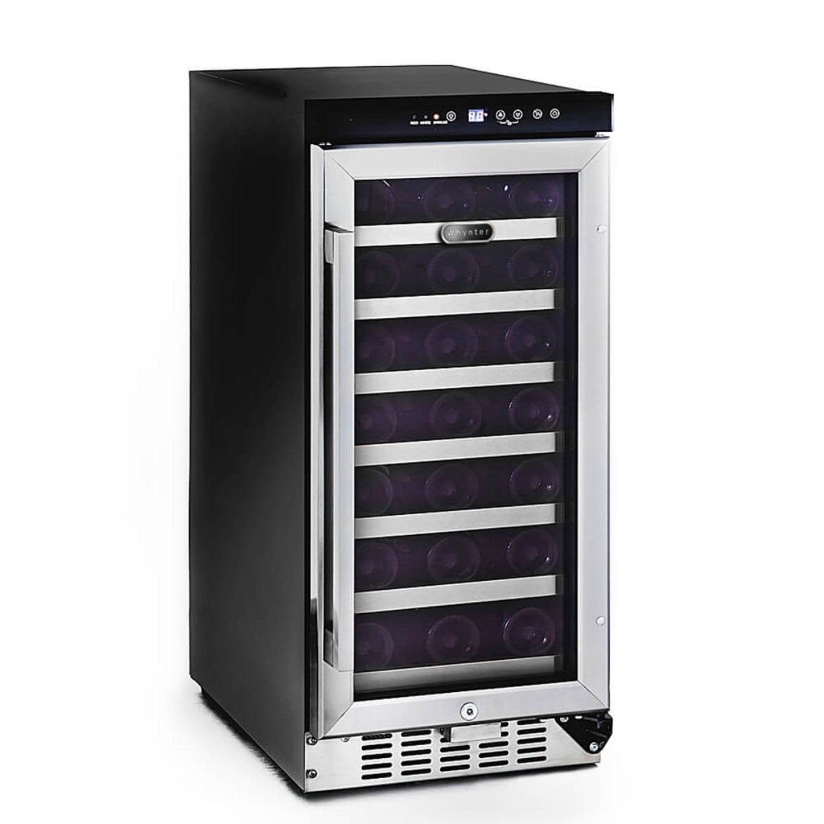 Whynter BWR-33SD 33-Bottle Built-In Wine Refrigerator - front left view loaded fridge closed door