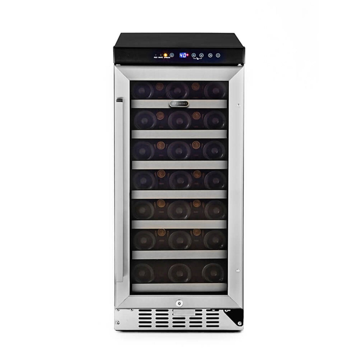Whynter BWR-33SD 33-Bottle Built-In Wine Refrigerator - front view loaded fridge closed door