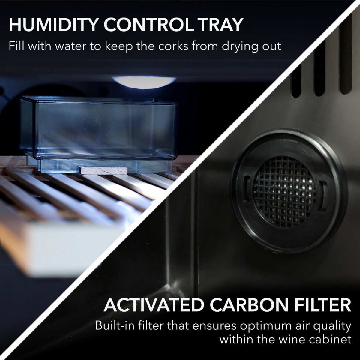 Whynter BWR-33SD 33-Bottle Built-In Wine Refrigerator - humidity control and activated carbon filter shown