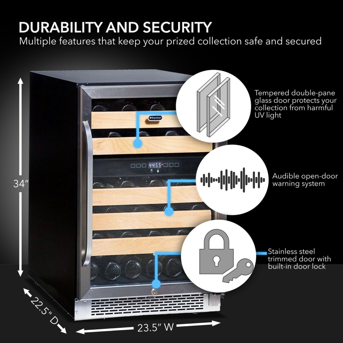 Whynter BWR-462DZ 46-Bottle Dual Zone Built-In Wine Refrigerator - durability and security dimensions shown