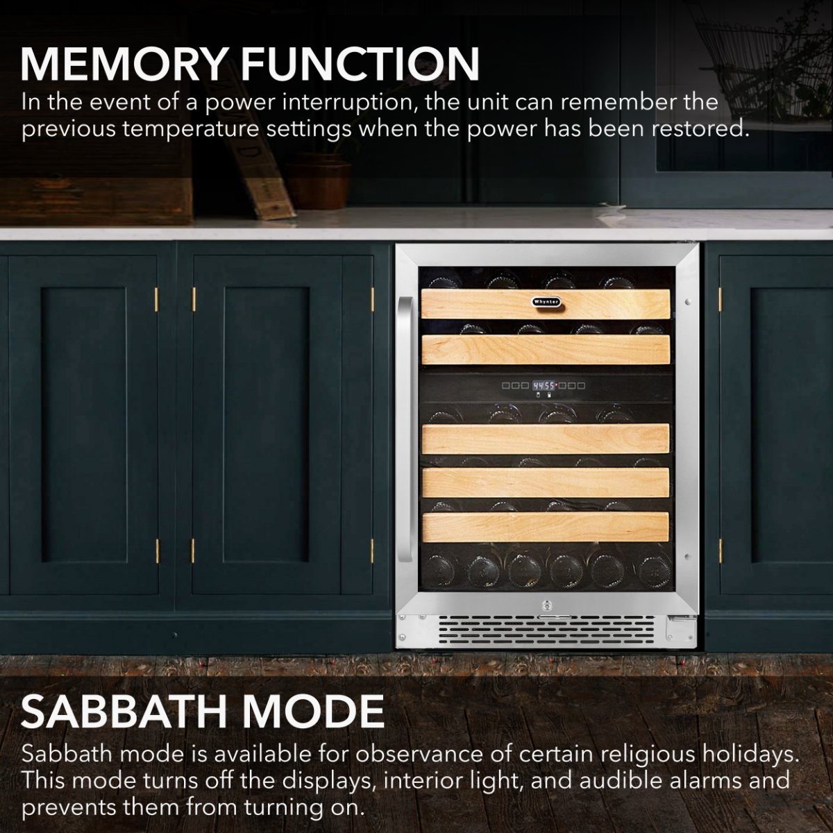 Whynter BWR-462DZ 46-Bottle Dual Zone Built-In Wine Refrigerator - memory function and sabbath mode available