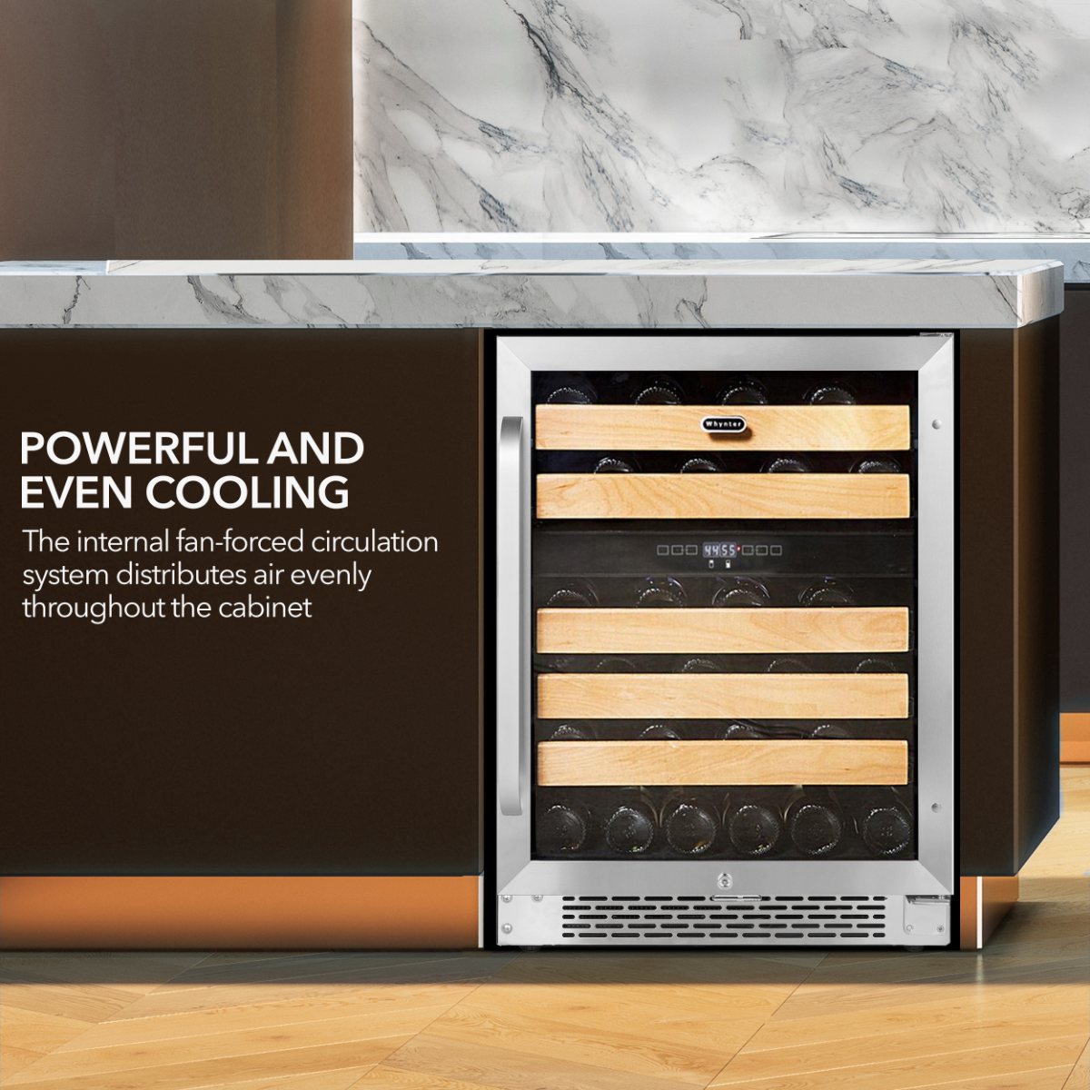 Whynter BWR-462DZ 46-Bottle Dual Zone Built-In Wine Refrigerator - powerful and even cooling shown