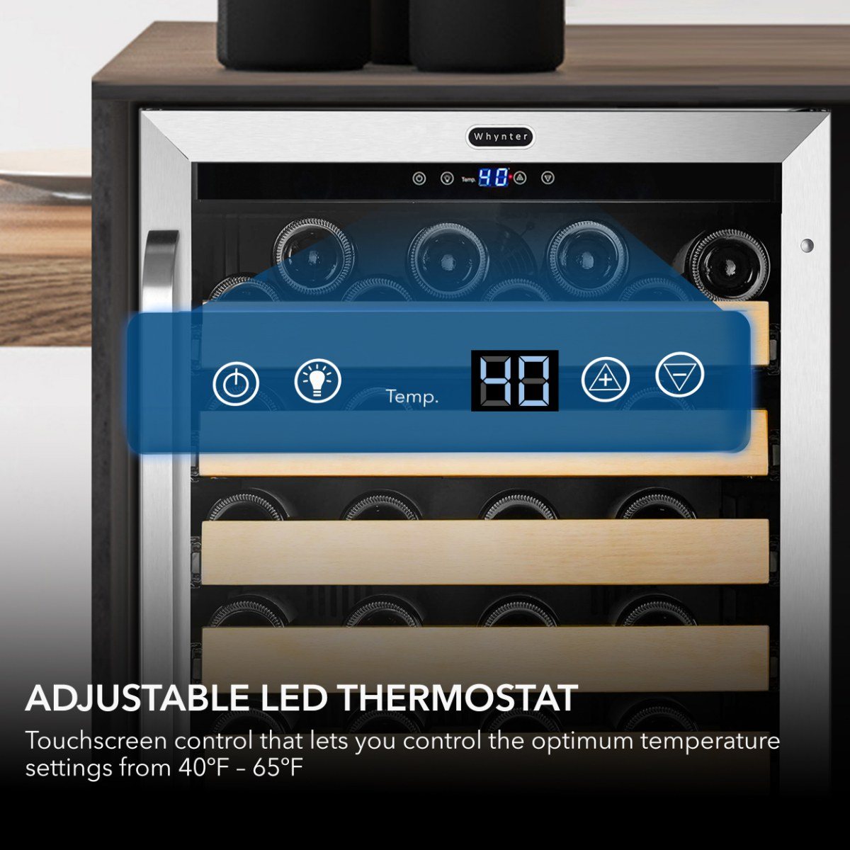 Whynter BWR-541STS 54-Bottle Single-Zone Built-In Wine Refrigerator - Durability and security - adjustable LED thermostat shown