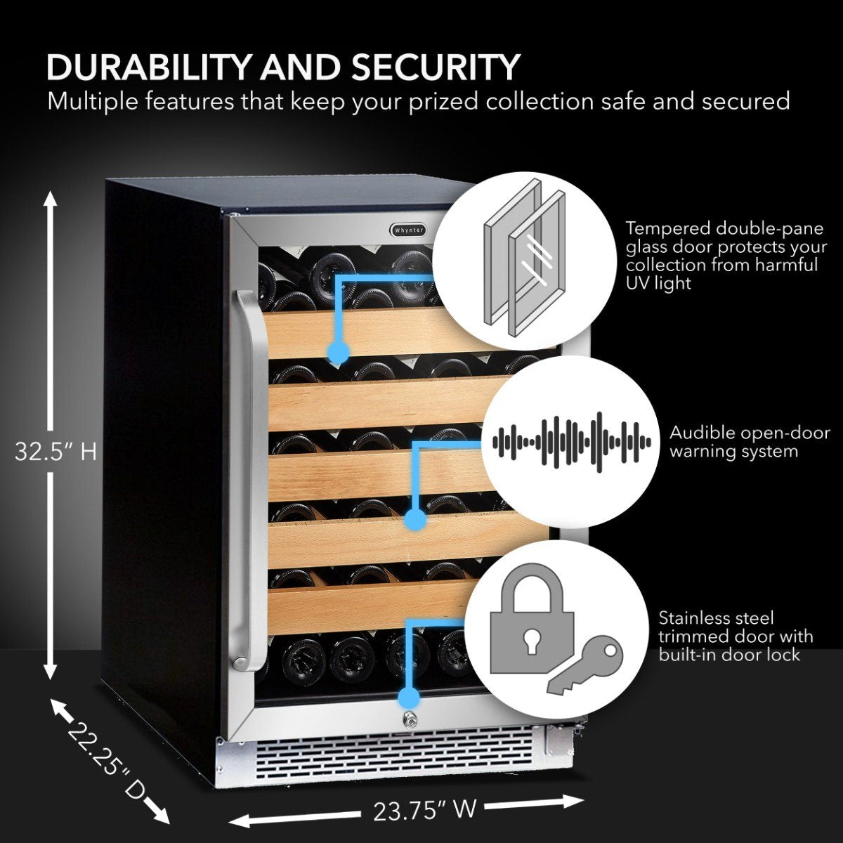 Whynter BWR-541STS 54-Bottle Single-Zone Built-In Wine Refrigerator - Durability and security - dimensions shown