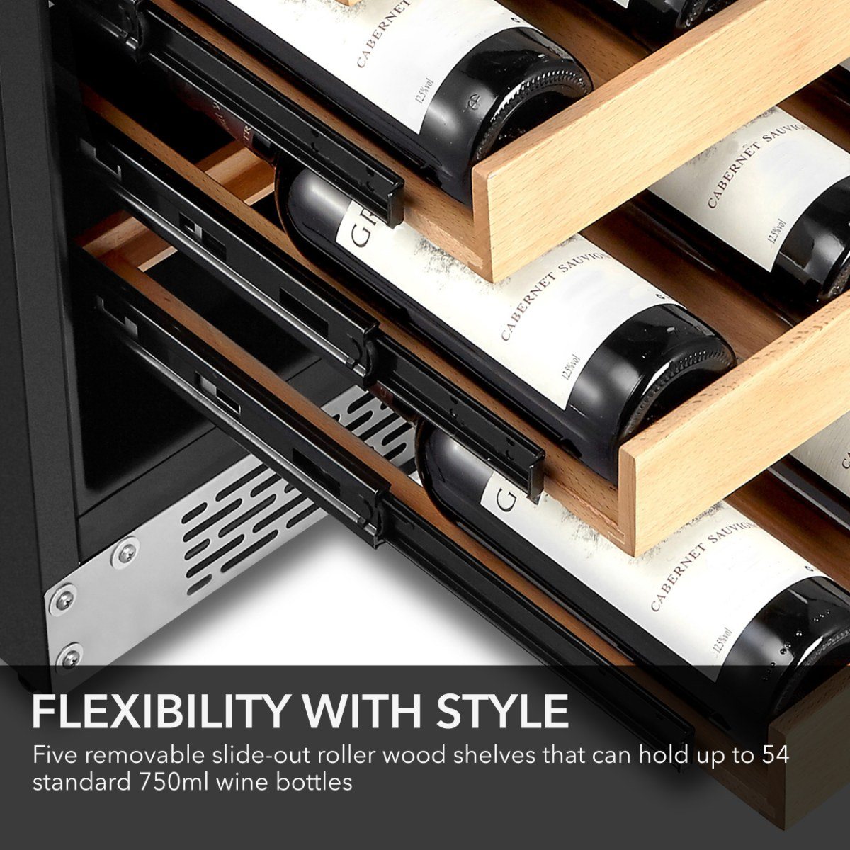 Whynter BWR-541STS 54-Bottle Single-Zone Built-In Wine Refrigerator - Flexibility with style close up view of the racks