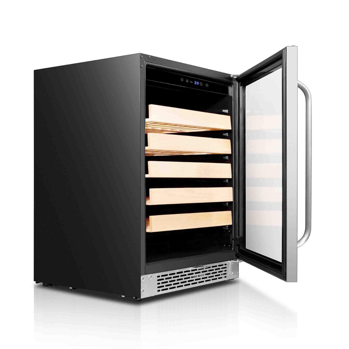 Whynter BWR-541STS 54-Bottle Single-Zone Built-In Wine Refrigerator - Front right view empty racks open door