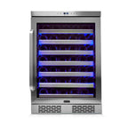 Whynter BWR-545XS 54-Bottle Built-In Wine Refrigerator - Front view loaded shelves closed door - dark blue lighting