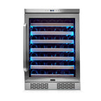 Whynter BWR-545XS 54-Bottle Built-In Wine Refrigerator - Front view loaded shelves closed door - soft blue lighting