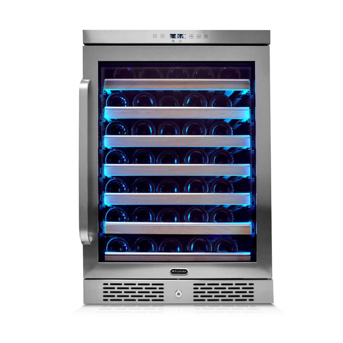 Whynter BWR-545XS 54-Bottle Built-In Wine Refrigerator - Front view loaded shelves closed door - soft blue lighting